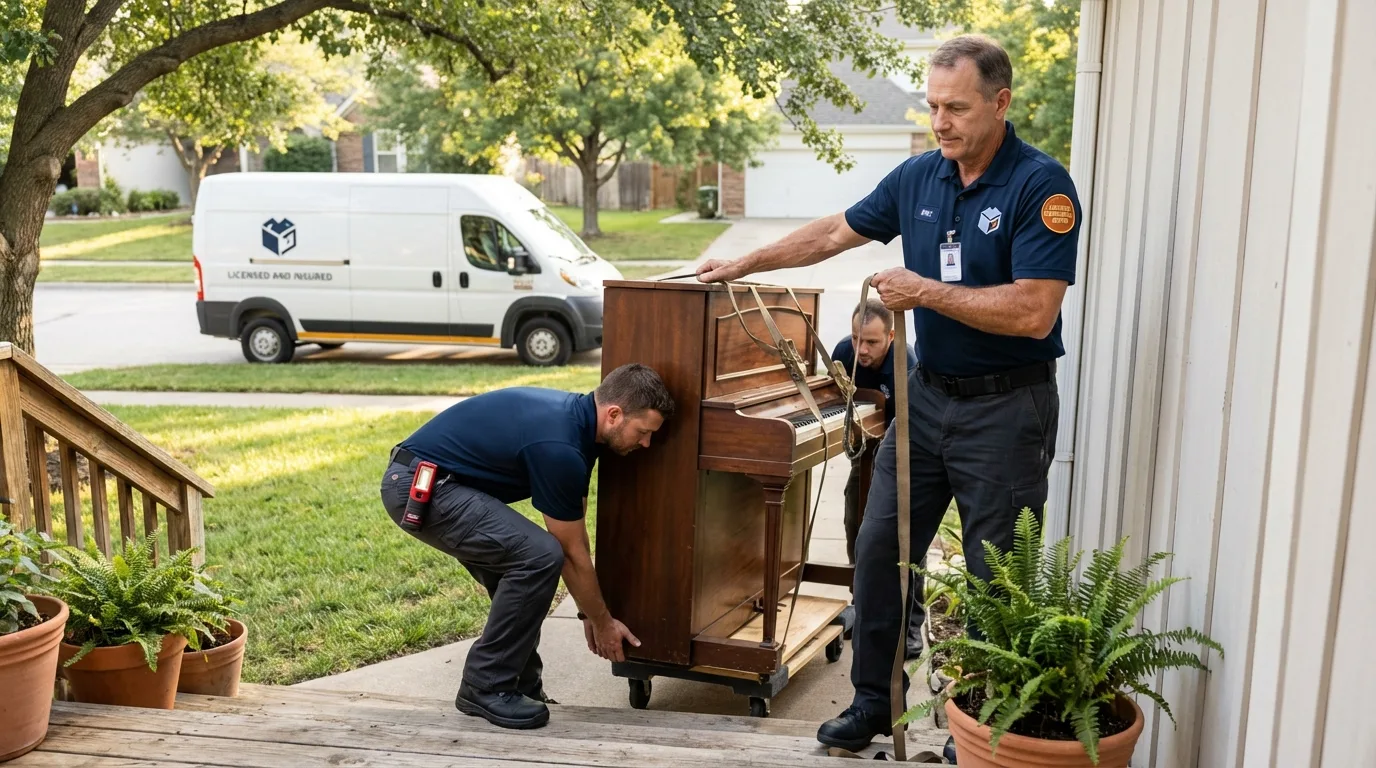Licensed piano movers securing grand piano in Duck Hill, MS