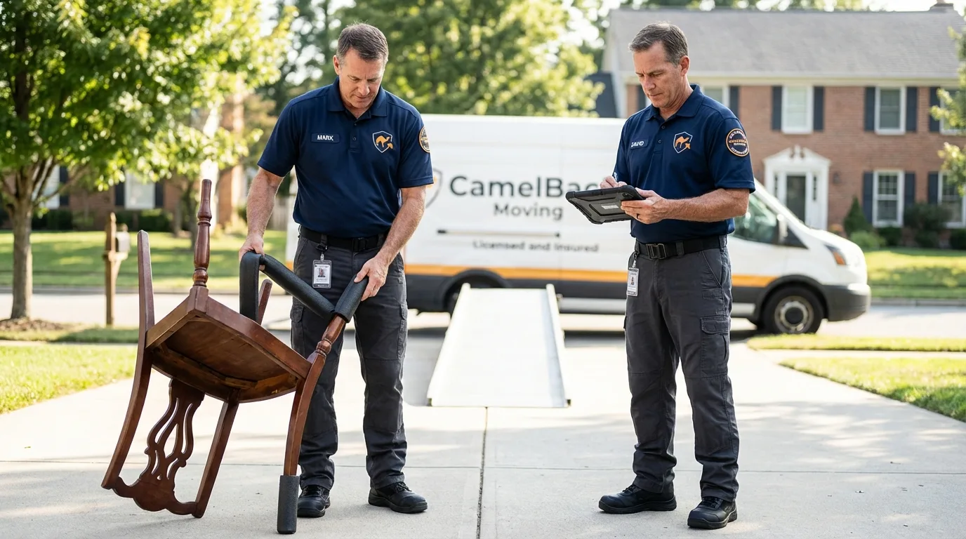 Movers inspecting furniture for damage prevention before loading in Duck Hill, MS